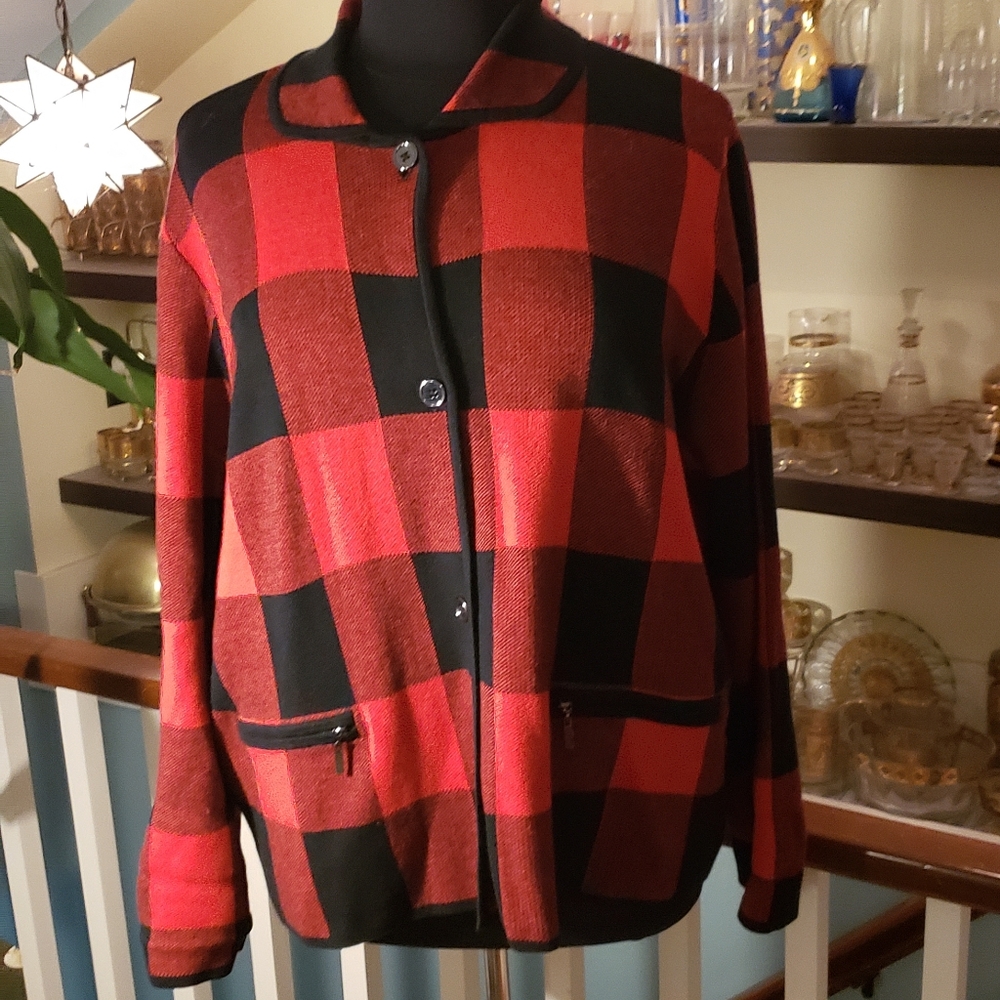 Jones New York Womans Red And Black Cotton Blend Buffalo Plaid Shacket